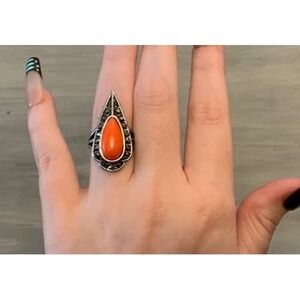 Art Deco Style Large Orange Tear Drop Shaped Stone Fashion Statement Ring 6.5 GC